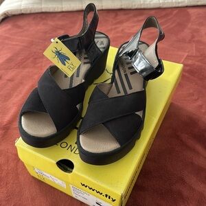 Fly London Chic Black Wedge Sandals